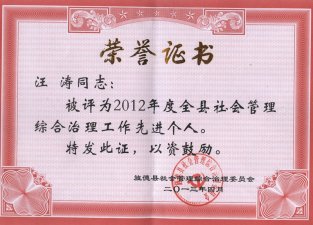 贺汪涛同志被评为全县综合治理工作先进个人